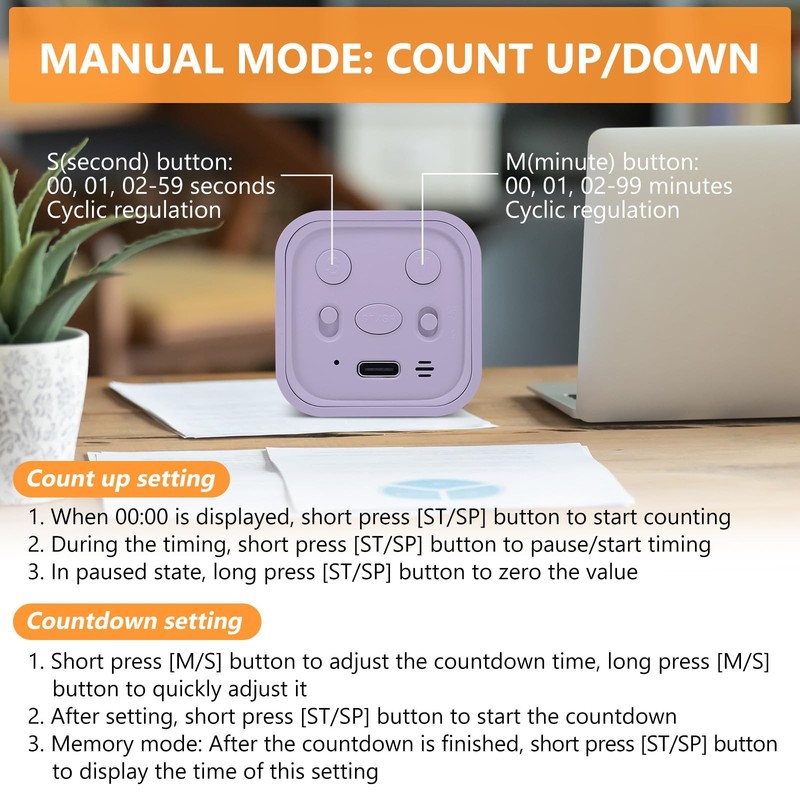 GuDoQi Multi-Function Cube Timer, 5/10/30/60 Min & Custom Count Down, Purple gallery
