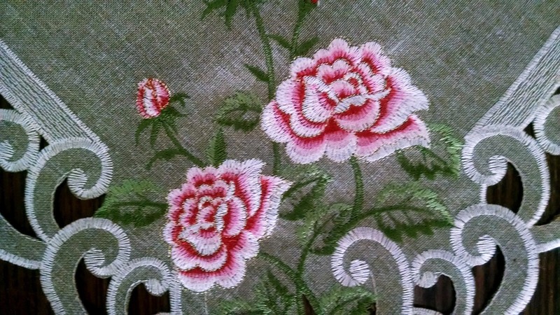 Doily Boutique Table Runner, Doily, Mantel Scarf with Pink Rose on Green Burlap gallery
