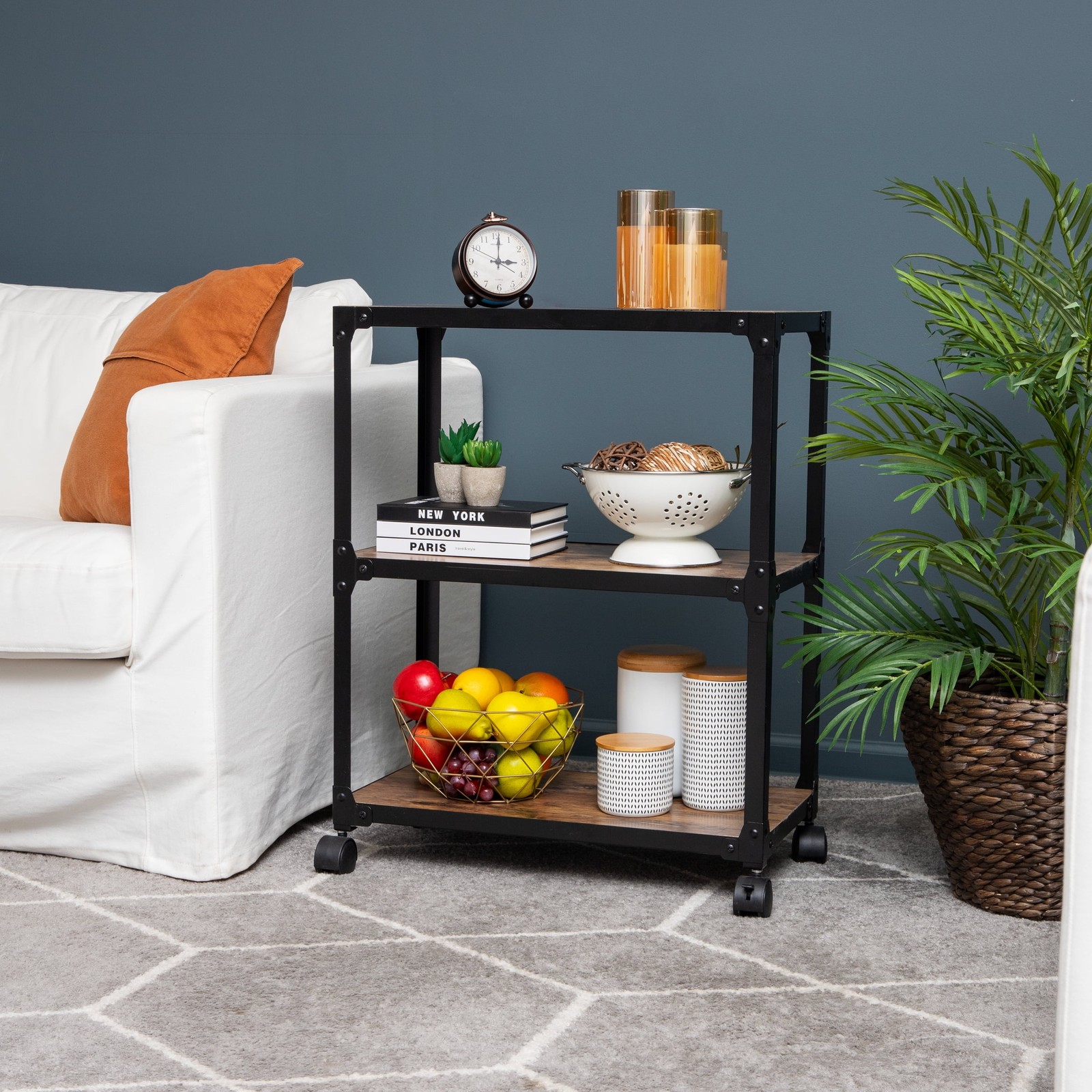 Brown 3-Tier Mobile Rolling Storage Cart, Metal & MDF for Office Organizer gallery