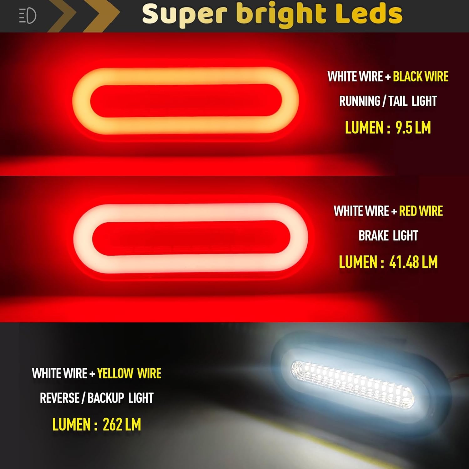 2Pcs 6" Inch Oval 52 LEDs Halo Combination White/Red Trailer lights LED Stop ... gallery