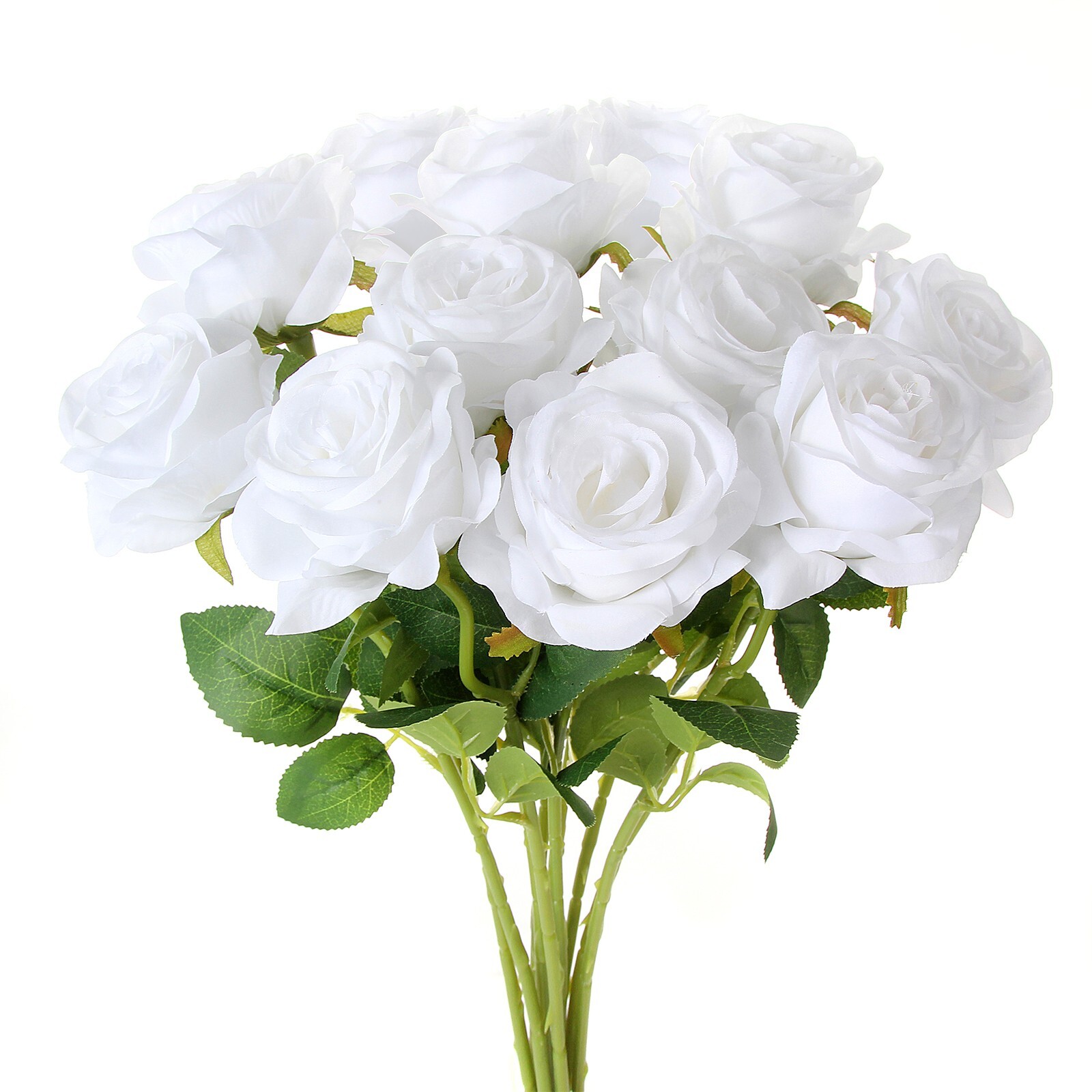 EZFLOWERY 12 Pcs Artificial Roses Flower White Silk with Single Stems Real Touch gallery