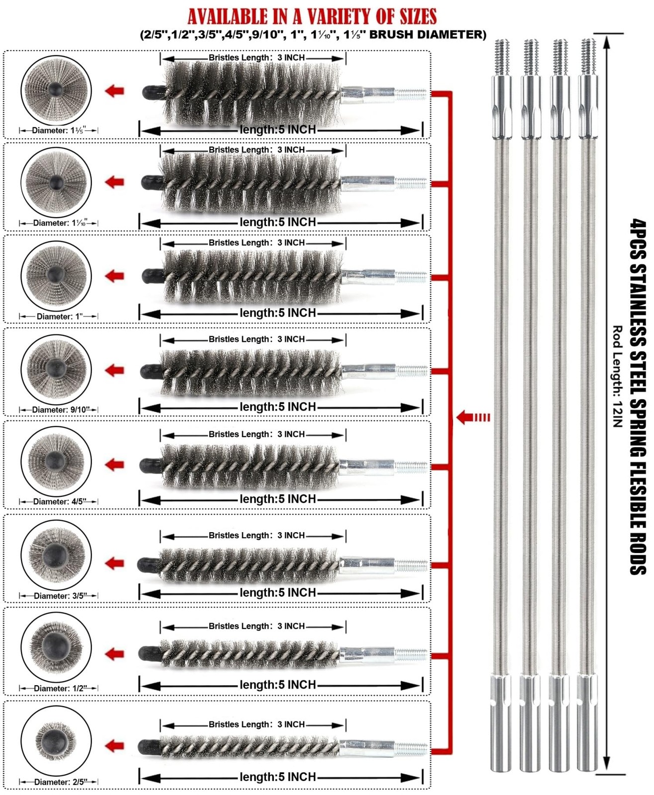 50 in Pipe Cleaning Brush Set with Stainless Steel Bristles, Wire Brush with ... gallery