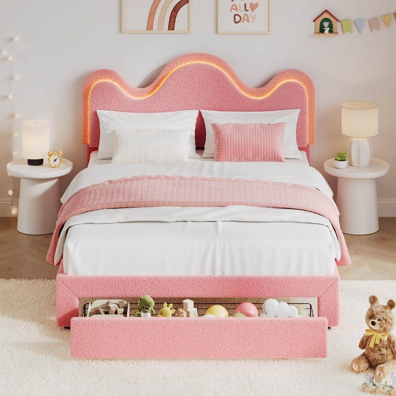 Queen Bed Frame with Adjustable Wavy Headboard and Storage Drawer, Upholstere... gallery