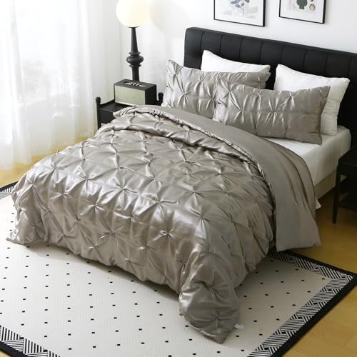 Satin Comforter Set Size, 3-Piece Pinch Pleat Bedding Sets, Queen Light Grey gallery