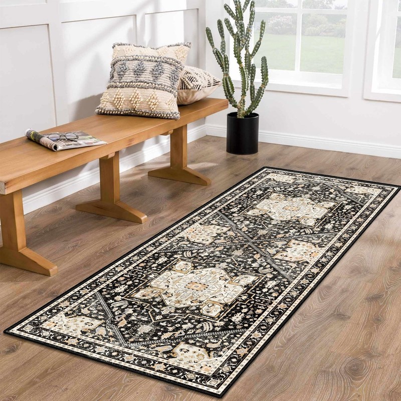 MUJOO Washable Runner Rug,Black Boho 2' x 6' (Rectangular), Black and Beige gallery