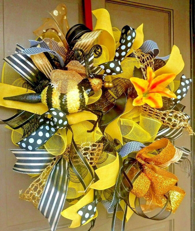 Spring Summer Bee Wreath Large Deco Mesh Floral Farmhouse Front Door Decor gallery