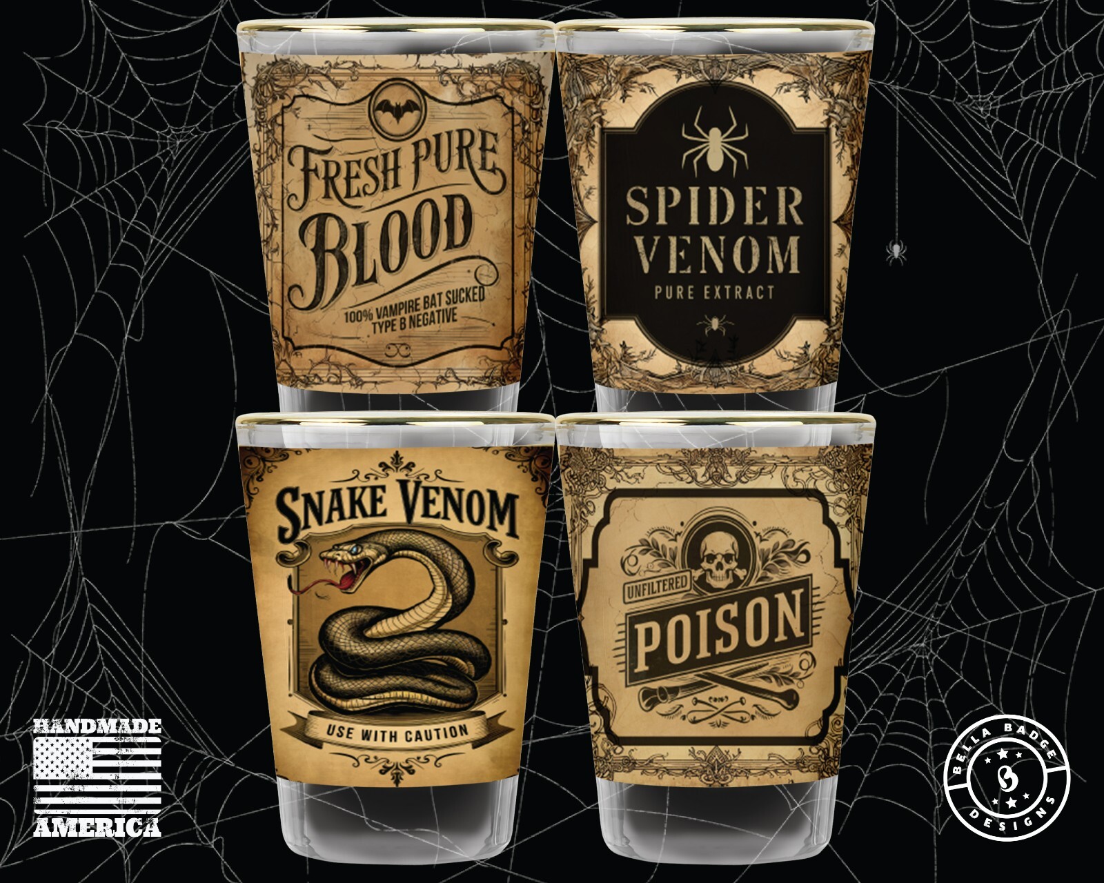 Halloween Shot Glass Set Potion Vintage-themed 4 Piece Barware Novelty Classic gallery