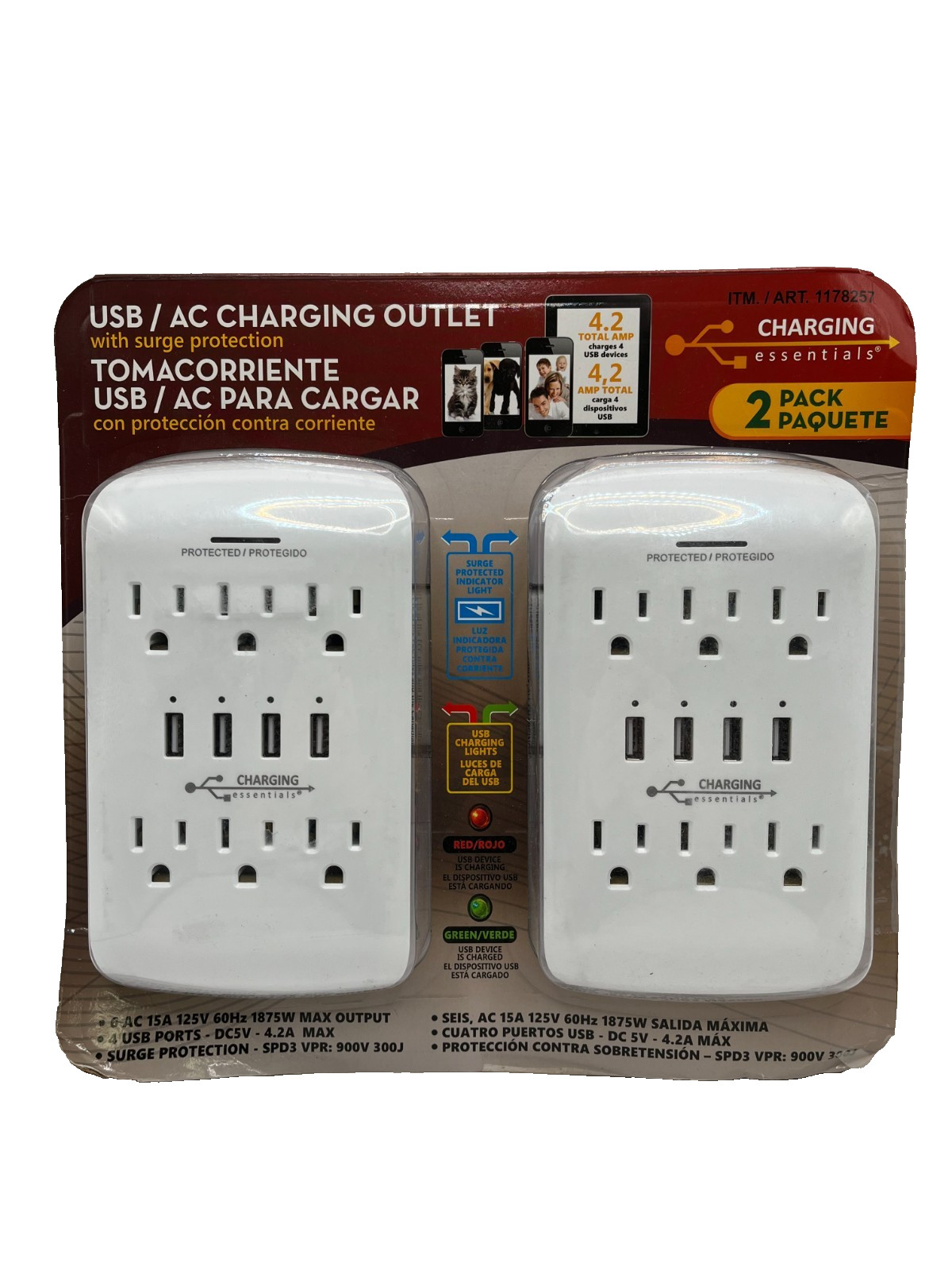 USB/AC Charging Outlet w Surge Protection 2-Pack 4.2 Total AMP 1875W Max Output gallery