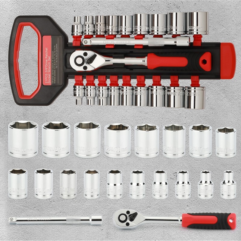 21PCS 3/8" Ratchet Socket Wrench Set, Drive Socket Set with 19 Sockets, 6 - 24mm gallery