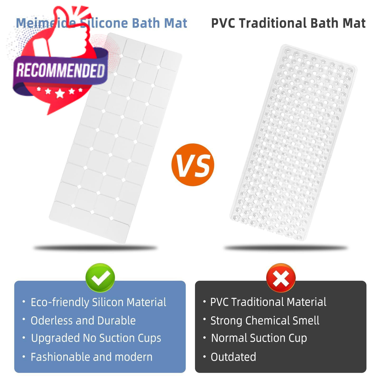 EXTRA LONG NON-SLIP SILICONE BATHTUB MAT 40" x 16" RECTANGULAR SHOWER PAD WHITE gallery