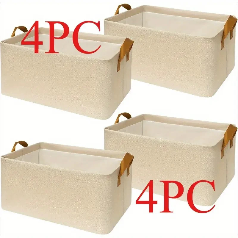 4pcs Medium Fabric Storage Baskets with Handles - 15"L x 10.2"W x 7.5"H, Beige
