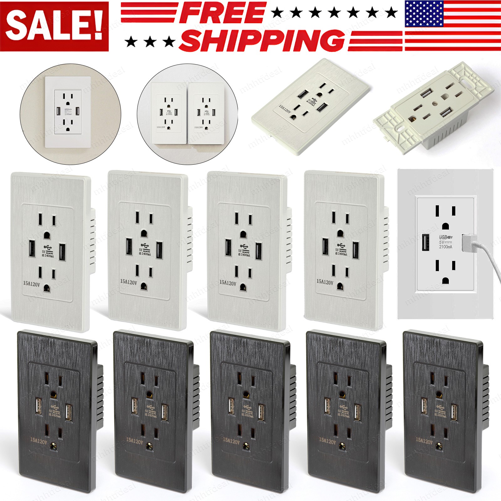 Dual USB Port Wall Socket Charger 15A AC Power Receptacle Outlet Plate Panel Lot gallery