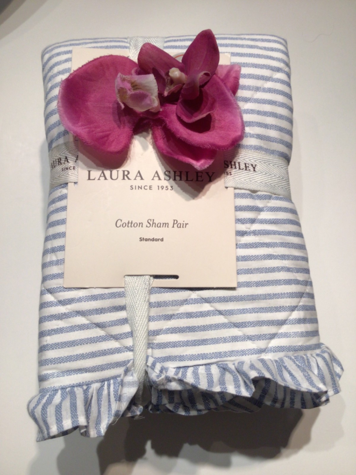 LAURA ASHLEY Pillow Sham 2 PC Set STANDARD Blue White Oxford Stripe Ruffled NEW gallery