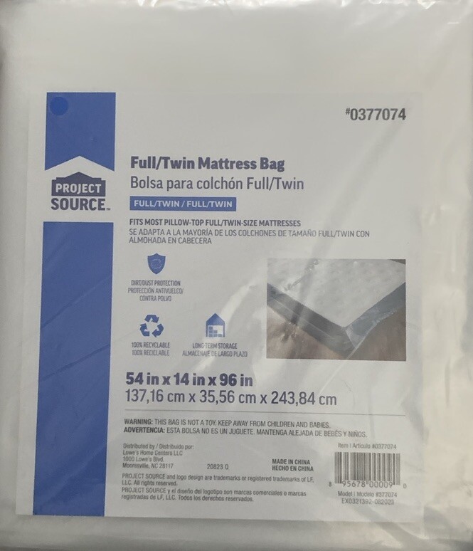 Project Source Full/Twin Clear Mattress Bag #0377074. 54x14x96in. New gallery