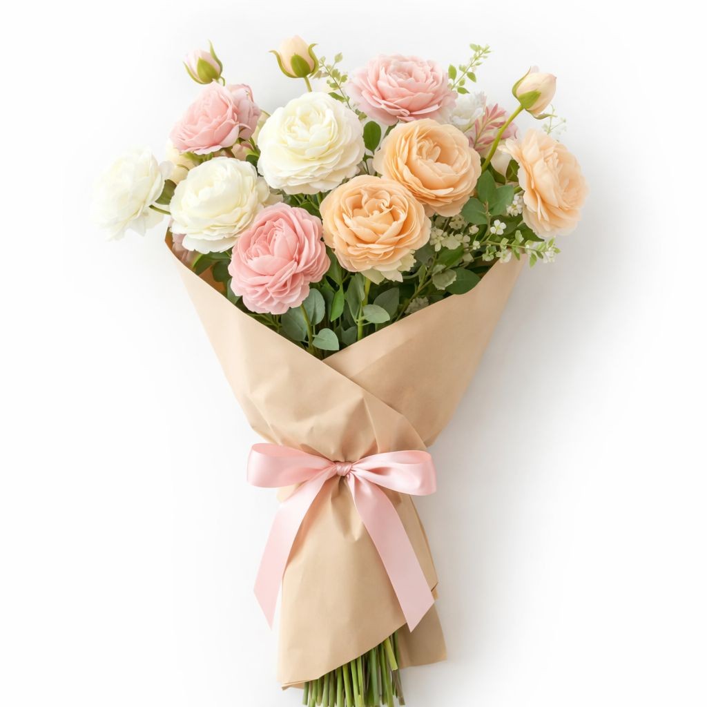 White Pink Peach Artificial Roses Gift Bouquet Wrapped Real Touch Rose Stems 26 gallery