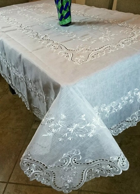 White Rectangle 72x90" Embroidery Organza Fabric Tablecloth Napkins Wedding gallery