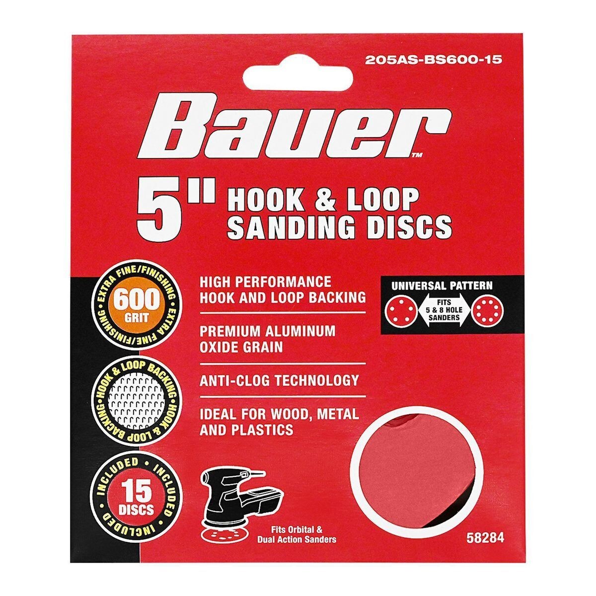 BAUER 5 in., 600-Grit Hook-and-Loop Universal Pattern Sanding Discs, 15-Pack gallery