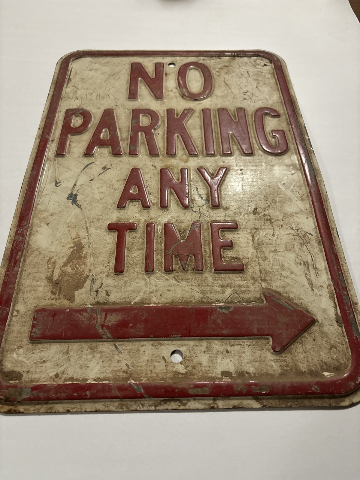 Vintage Embossed Heavy Metal NO PARKING ANY TIME Arrow Sign 12" X 18" gallery