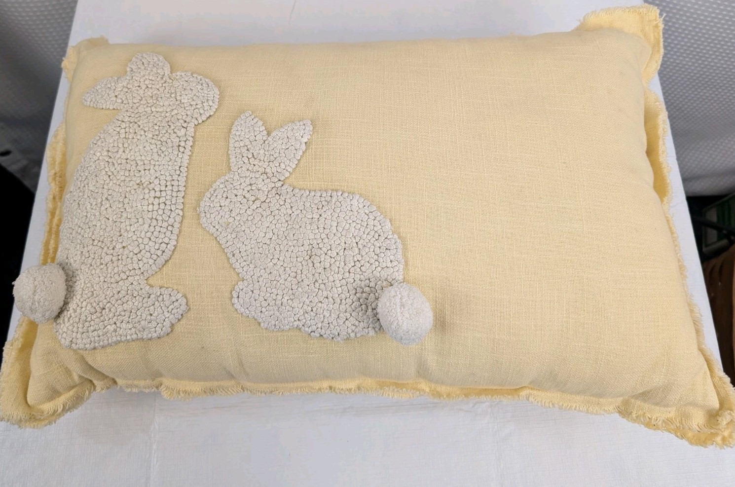 Yellow Linen Throw Pillow with Needle Punch Bunnies Pom Tails 24"x15"5 gallery