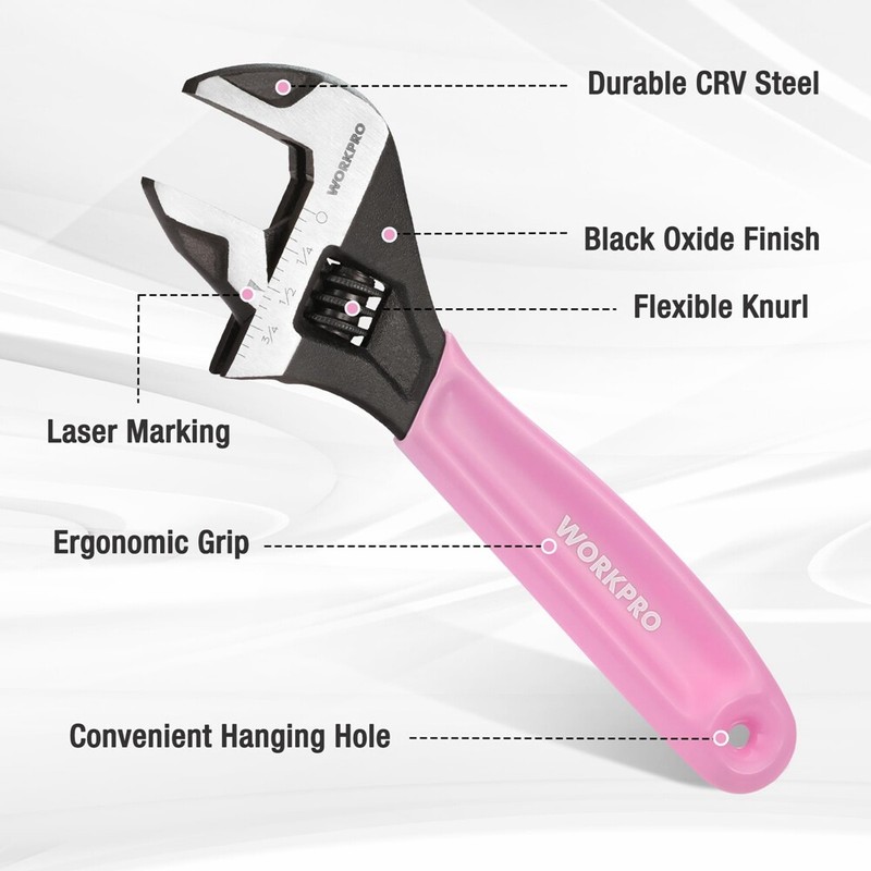 WORKPRO 2PCS Pink Adjustable Wrench Set 6" 10" Wide Jaw Black Oxide Metric & SAE gallery
