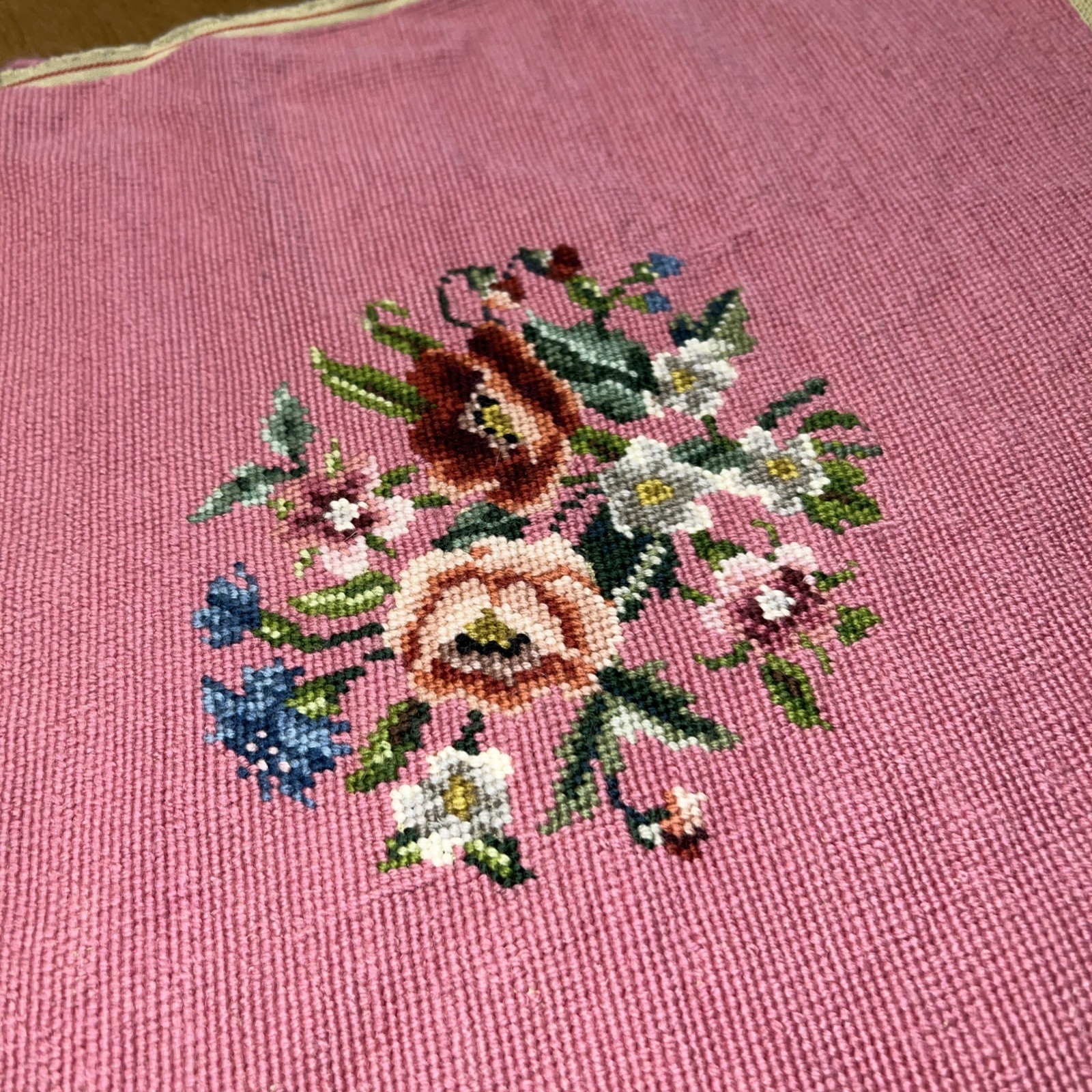 VTG/Antique Needlepoint Floral Textile Panel Pink Pillow Upholstery Craft Reuse gallery