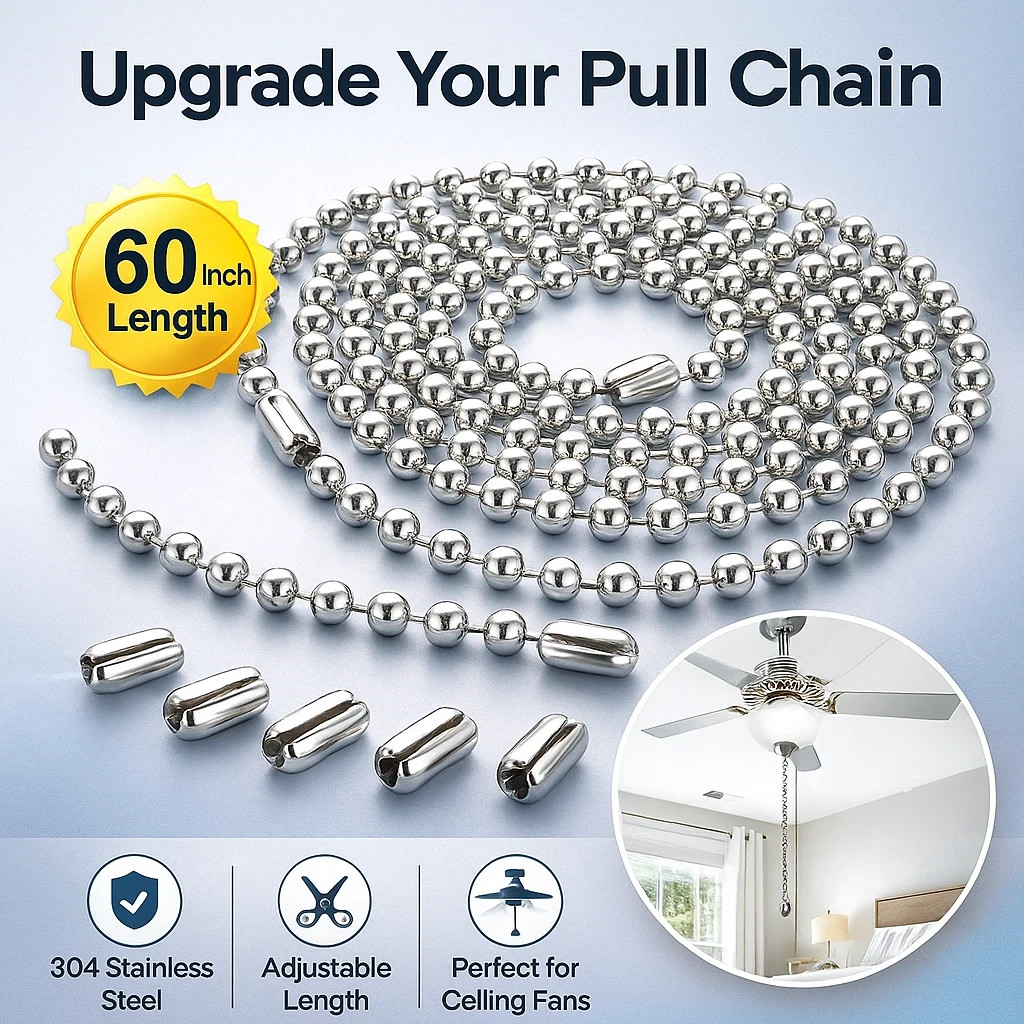 60 In Ceiling Fan Pull Chain Extension Silver 3mm Stainless Steel Ball Chain Set gallery