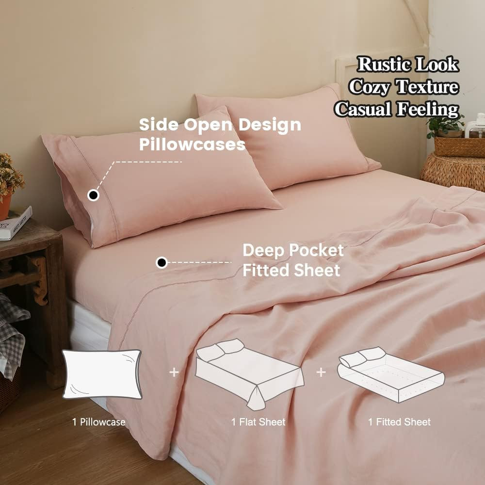 100% Linen Sheet Set with Embroidery Washed - 4 Pieces (1 Flat Sheet & 1 Fitted gallery