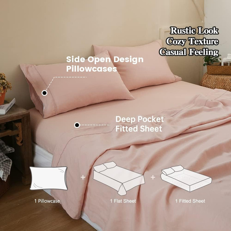 100% Linen Sheet Set with Embroidery Washed - 4 Pieces (1 Flat Sheet & 1 Fitted gallery