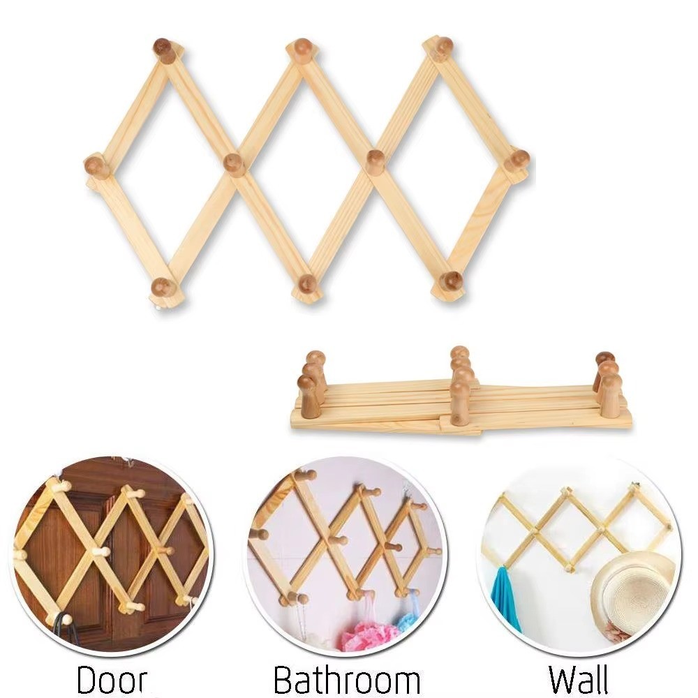 Expandable Wooden Wall Rack 10 Hook Coat Hat Clothe Hanger Folding Accordion Bag gallery