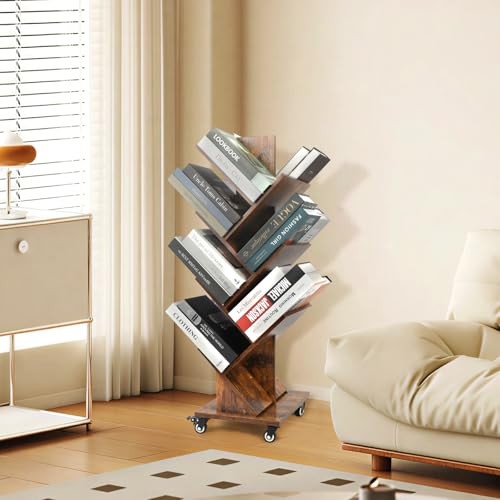 Rotating Tree Bookshelf - 360°Space-Saving Bookcase, 7 Tiers Big Brown gallery
