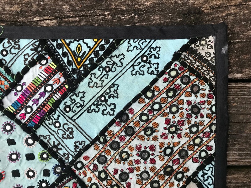Blue patchwork mirror wall tapestry sindhi india pakistan 26"x54" gallery