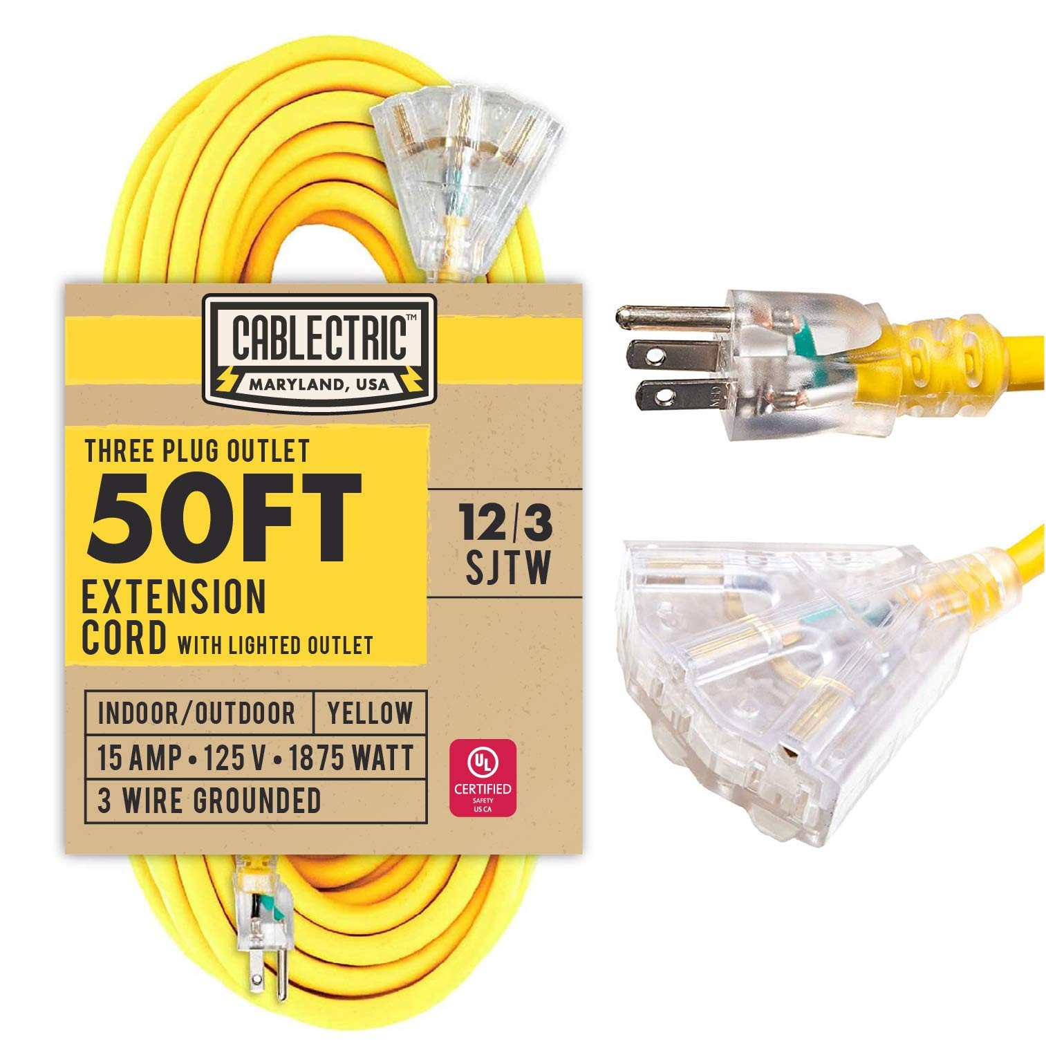 Cablectric 50 Ft Outdoor Extension Cord with 3 Outlet, 12/3 Weatherproof 50 f... gallery