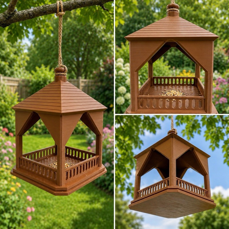 Rustic Hanging Bird Feeder Gazebo Style Outdoor Bird Seed Tray Garden Decor gallery