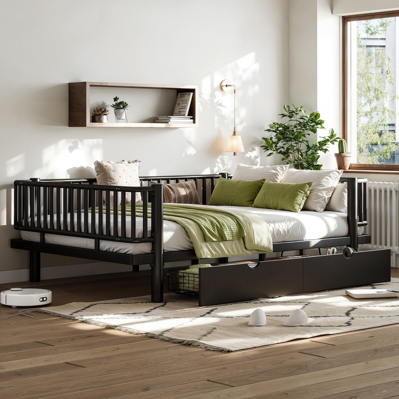 Full Size Metal MDF Platform Bed Frame Daybed Slatted W/ Storage Drawers Black gallery