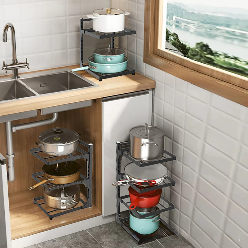 Adjustable Kitchen Storage Rack Multi Tier Pot Shelf Under Sink Organizer gallery