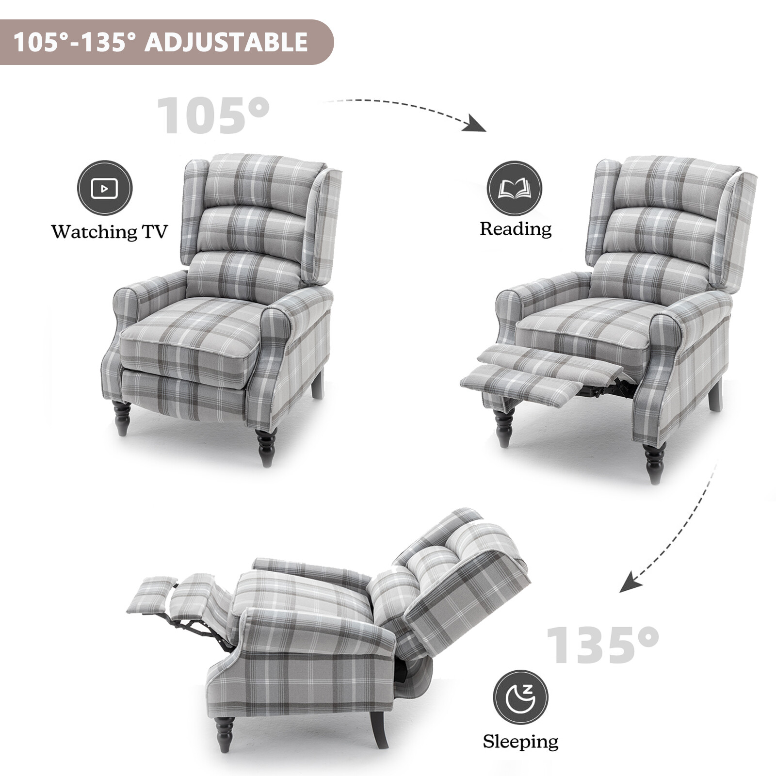 Upholstered Wingback Recliner Chair Plaid Recliner Chair Armchair Reclining Sofa gallery