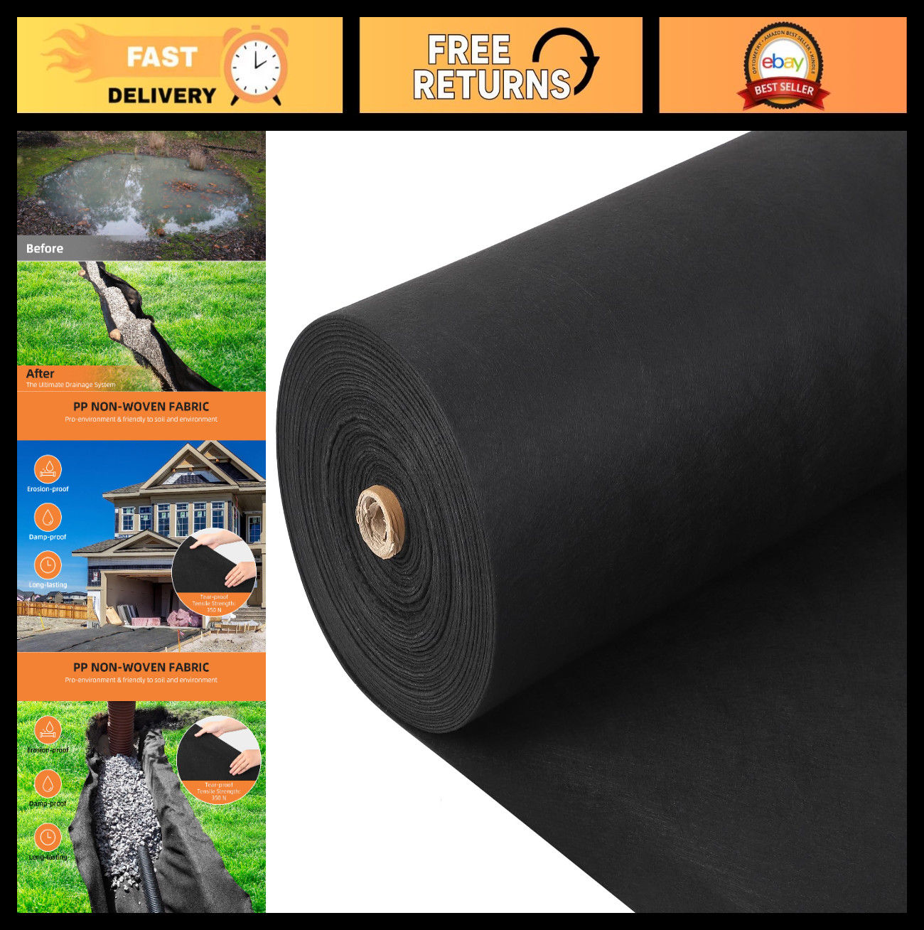 Geotextile Landscape Fabric 3ft x 100ft - 8oz PP Drainage, Erosion Control, Driv gallery