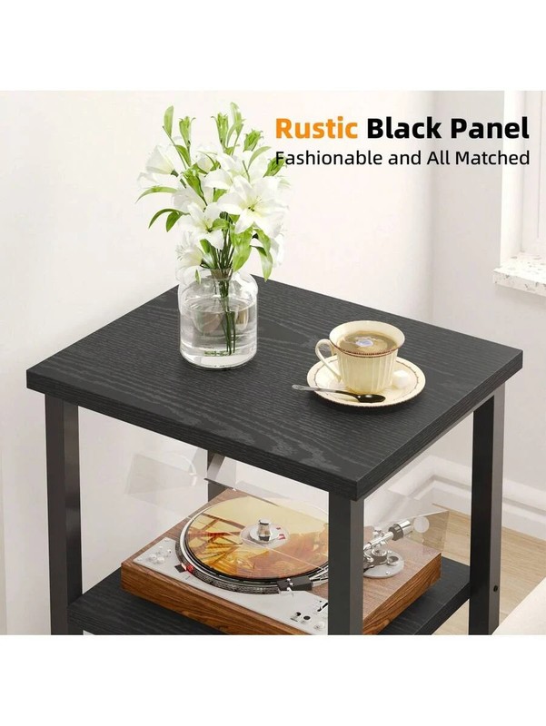 Modern 3-Tier Rectangular Side Table Black Wood Grain Living Room gallery
