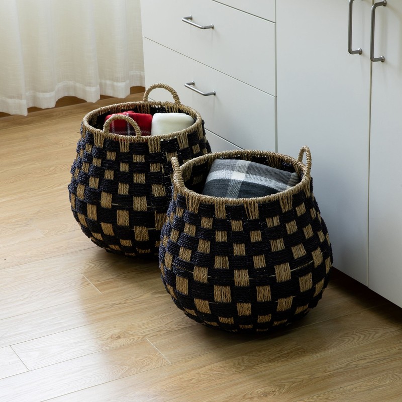 Large round Checkered Seagrass Storage Basket with Handles, 2 Pack gallery