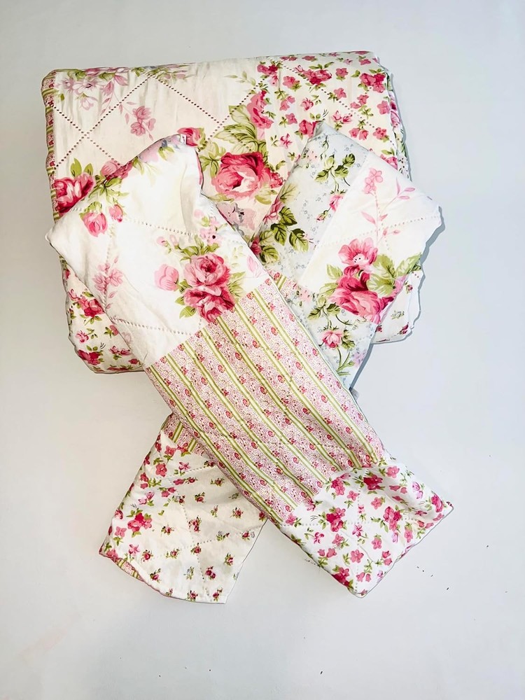 3-Piece Queen Size Printed Patchwork Quilt Set - Pink Flower Floral Polka Dots