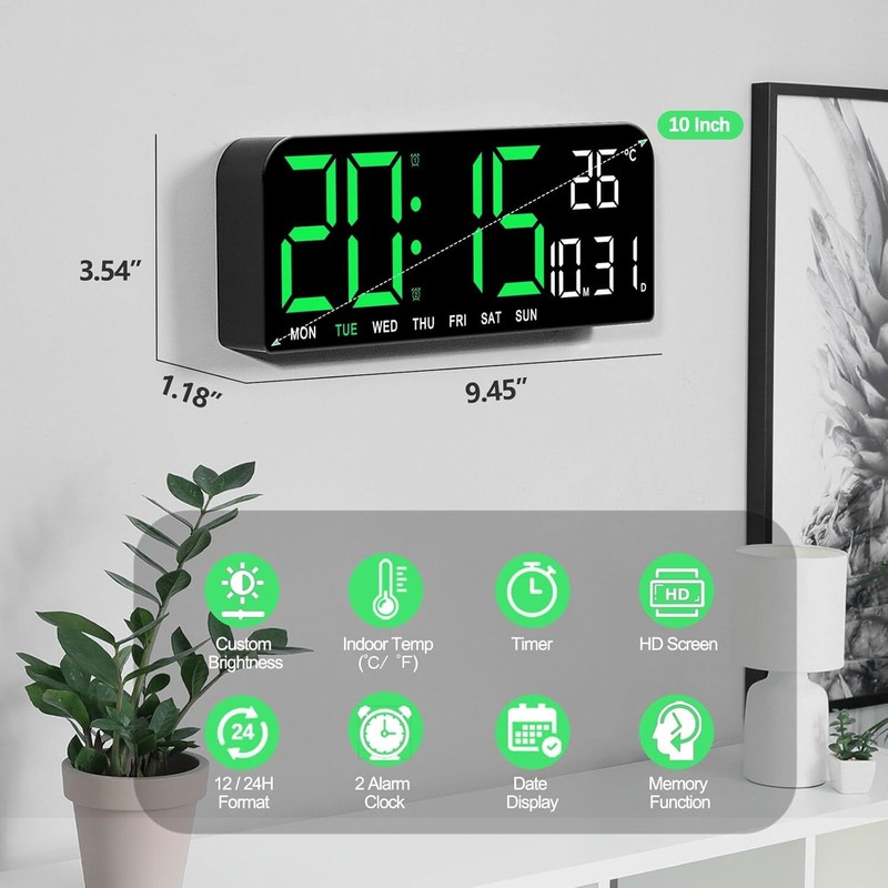 10" Digital Wall Clock Large Display with Auto-Dimming Date/Week/Temperature gallery