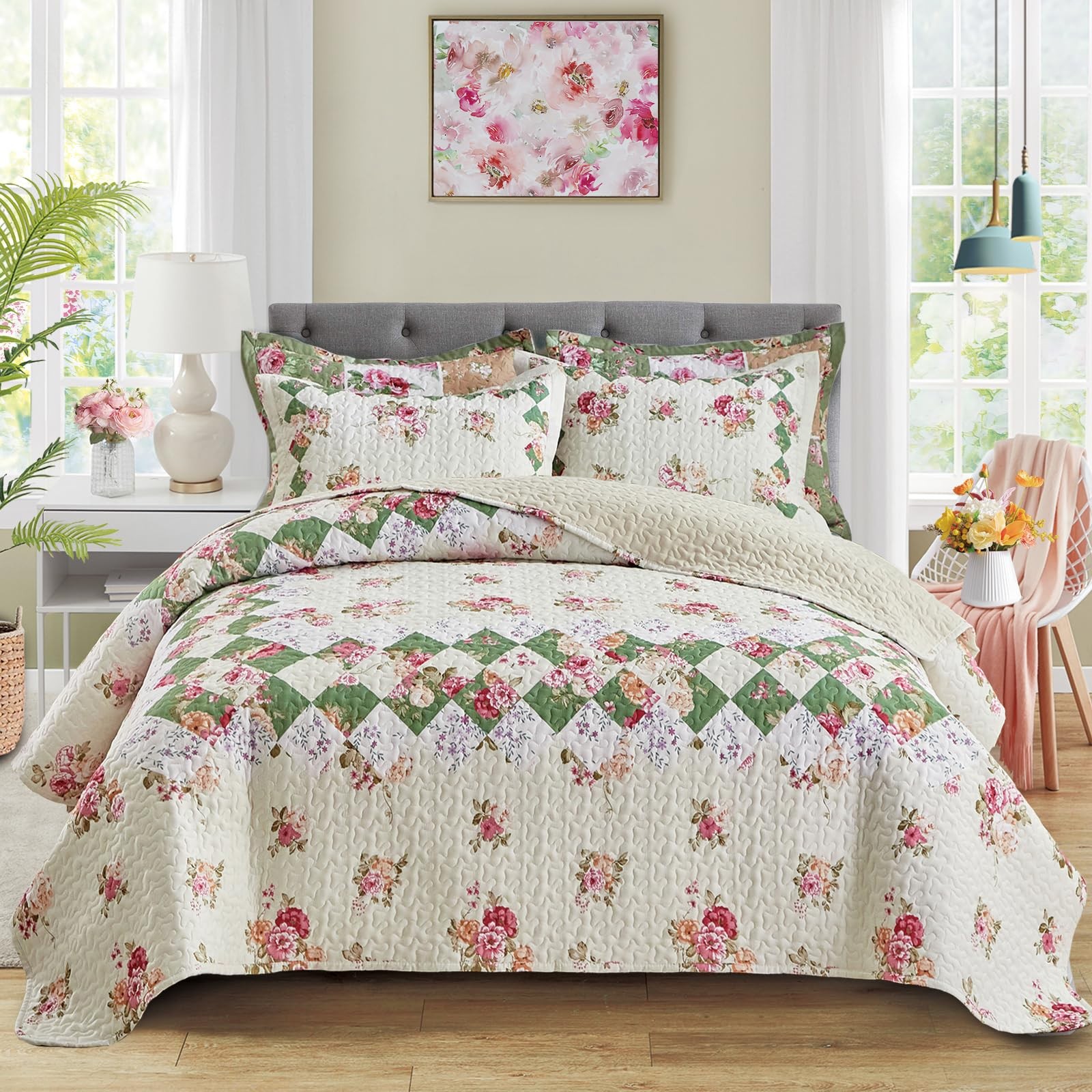 Patchwork Quilt Set King Size,3 Pieces Pink Cream Green Floral Plaid Reversib... gallery