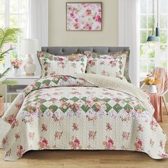 Patchwork Quilt Set King Size,3 Pieces Pink Cream Green Floral Plaid Reversib…