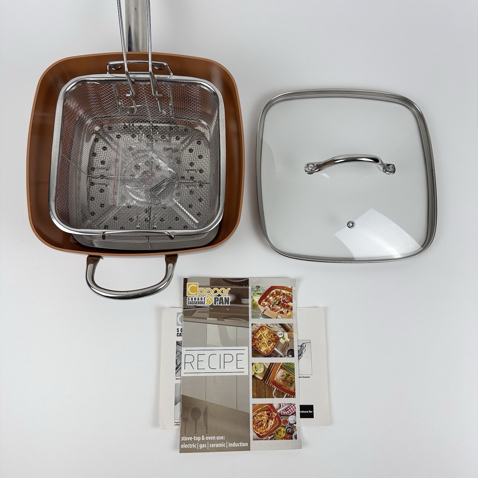 Copper Chef 9.5" Square Casserole Induction Chefs Pan W/ Fry Basket, Tray, & Lid gallery