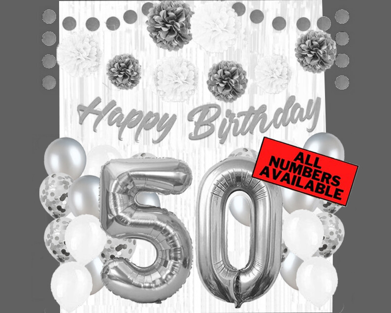 Silver & White 50th Birthday Decorations - 40" Number Balloons &More-Boy or Girl gallery