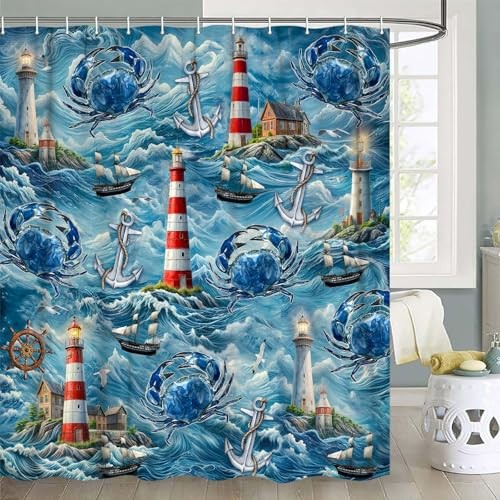 Nautical Lighthouse Shower Curtain, Blue Crab 69"W x 70"L (Pack of 1) Red Blue gallery