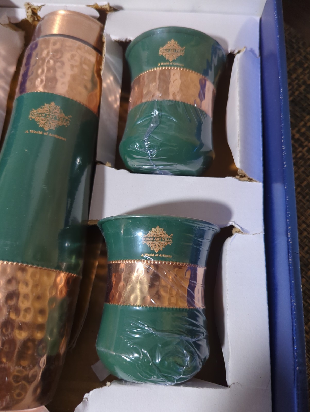 Pure Copper Drinkware Gift Set – Embossed Design with 1 Bottle (900 ML) 2 Glass gallery
