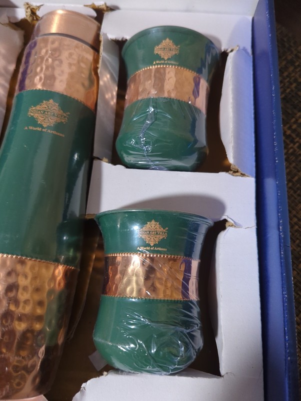 Pure Copper Drinkware Gift Set – Embossed Design with 1 Bottle (900 ML) 2 Glass gallery