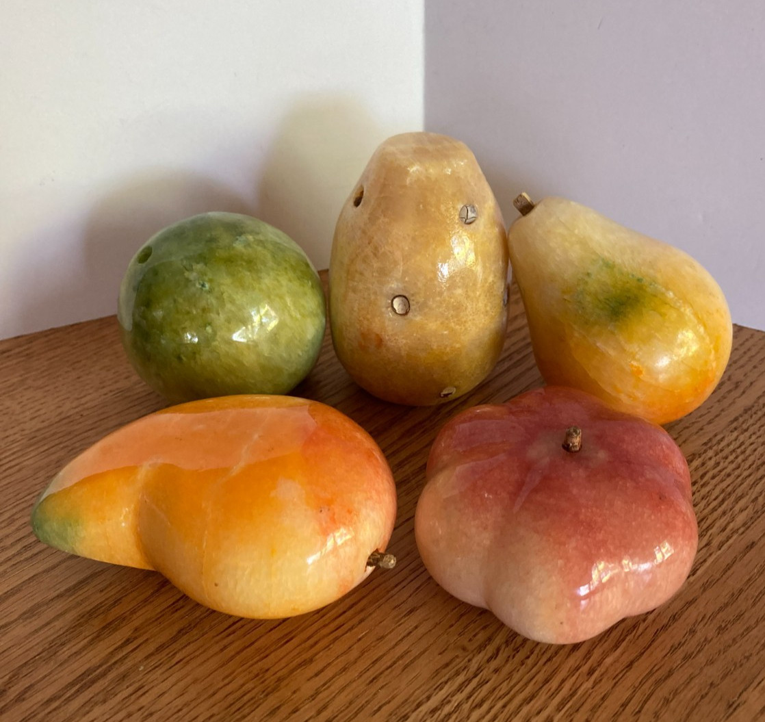 5 Carved Natural Stone Alabaster and/or Onyx Fruit Pear Mango Lime Pineapple gallery