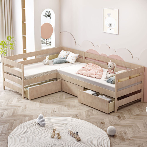 L-shaped Platform Bed Frames with Storage Drawers Solid Wood Twin Bed Corner Bed gallery